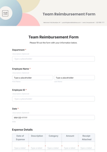 Free Team Reimbursement Form Template to Edit Online