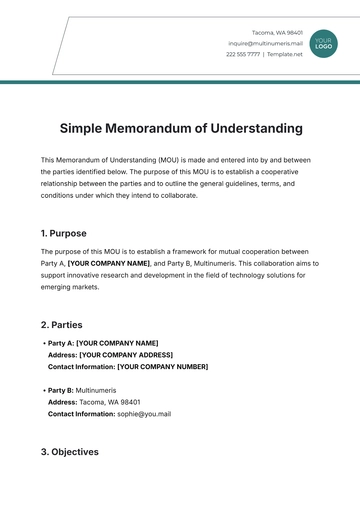 Free Simple Memorandum of Understanding Template to Edit Online