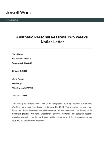 Free Aesthetic Personal Reasons Two Weeks Notice Letter Template to Edit Online