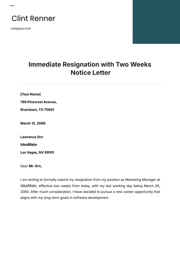 Free Immediate Resignation with Two Weeks Notice Letter Template to Edit Online
