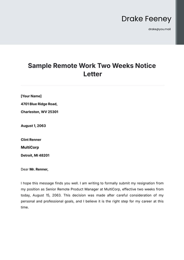 Free Sample Remote Work Two Weeks Notice Letter Template to Edit Online