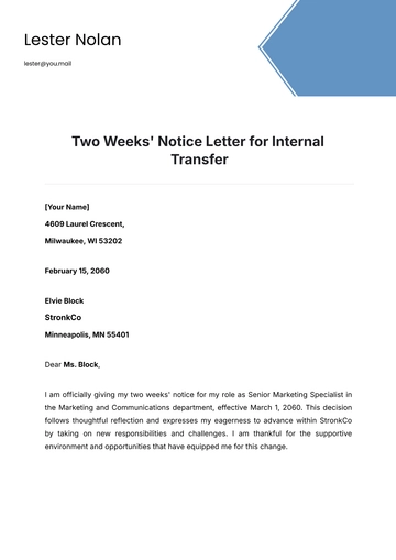 Free Two Weeks Notice Letter for Internal Transfer Template to Edit Online