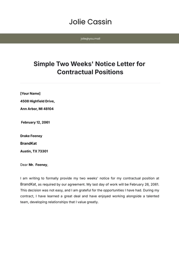 Free Simple Two Weeks Notice Letter for Contractual Positions Template to Edit Online