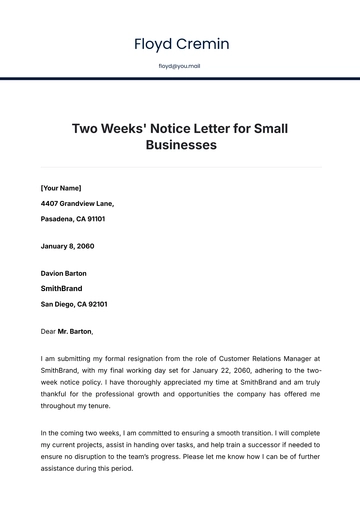 Free Two Weeks Notice Letter for Small Businesses Template to Edit Online