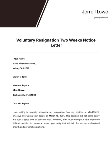 Free Voluntary Resignation Two Weeks Notice Letter Template to Edit Online