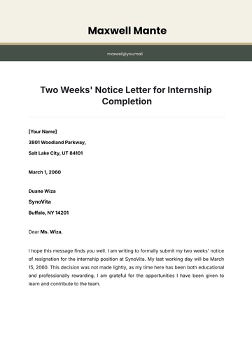 Free Two Weeks Notice Letter for Internship Completion Template to Edit Online