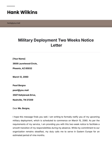 Free Military Deployment Two Weeks Notice Letter Template to Edit Online