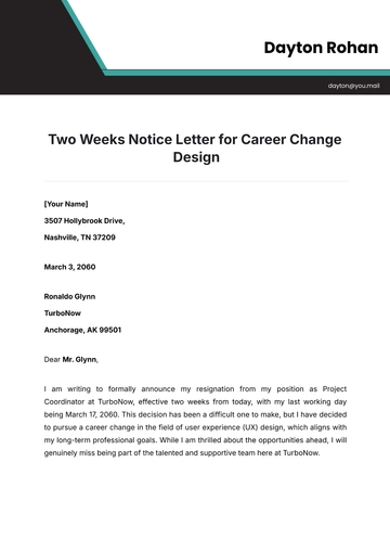 Free Two Weeks Notice Letter for Career Change Design Template to Edit Online