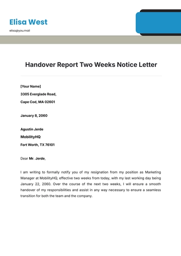 Free Handover Report Two Weeks Notice Letter Template to Edit Online