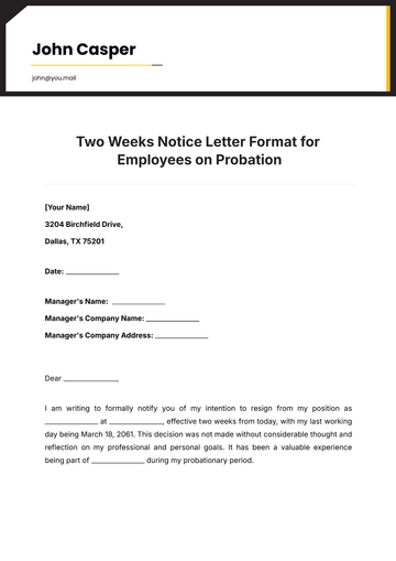 Free Two Weeks Notice Letter Format for Employees on Probation Template to Edit Online