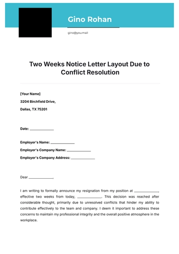 Free Two Weeks Notice Letter Layout Due to Conflict Resolution Template to Edit Online
