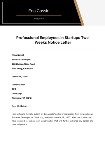 Free Professional Employees in Startups Two Weeks Notice Letter Template to Edit Online