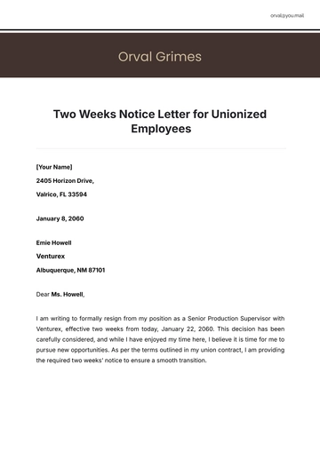 Free Two Weeks Notice Letter for Unionized Employees Template to Edit Online