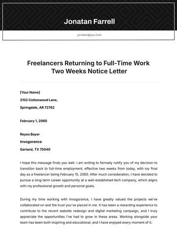 Free Freelancers Returning to Full-Time Work Two Weeks Notice Letter Template to Edit Online