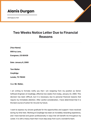 Free Two Weeks Notice Letter Due to Financial Reasons Template to Edit Online