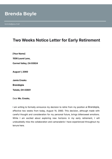 Free Two Weeks Notice Letter  for Early Retirement Template to Edit Online
