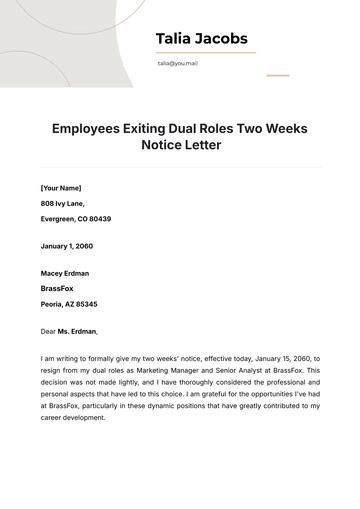 Free Employees Exiting Dual Roles Two Weeks Notice Letter Template to Edit Online