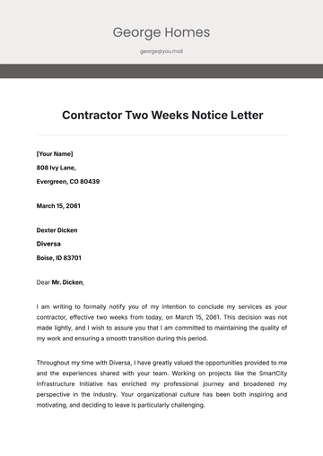 Free Contractor Two Weeks Notice Letter Template to Edit Online