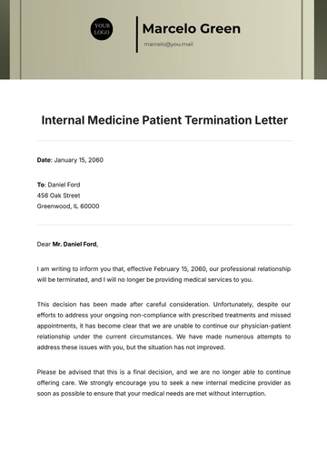 Free Internal Medicine Patient Termination Letter Template to Edit Online