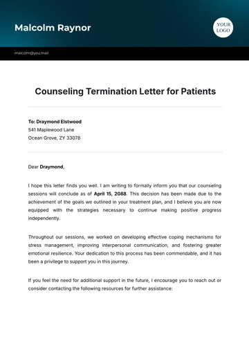Free Counseling Termination Letter for Patients Template to Edit Online