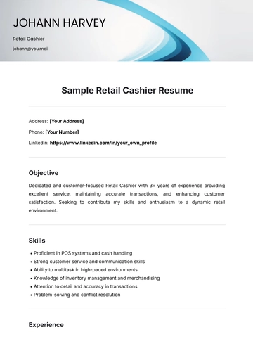 Free Sample Retail Cashier Resume Template to Edit Online
