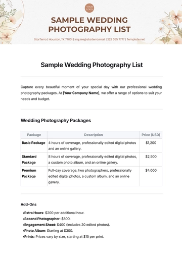 Free Sample Wedding Photography List Template to Edit Online