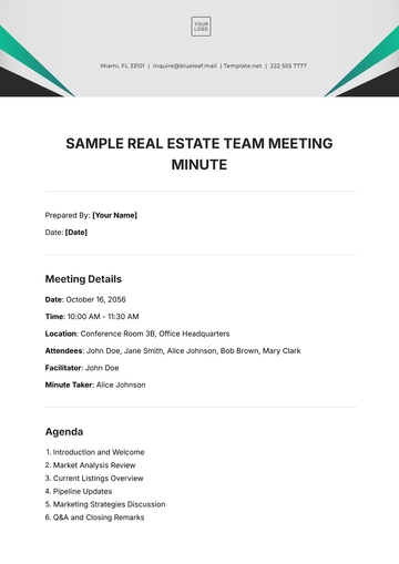 Free Sample Real Estate Team Meeting Minute Template to Edit Online