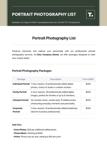 Free Portrait Photography List Template to Edit Online