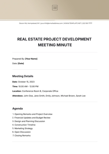 Free Real Estate Project Development Meeting Minute Template to Edit Online