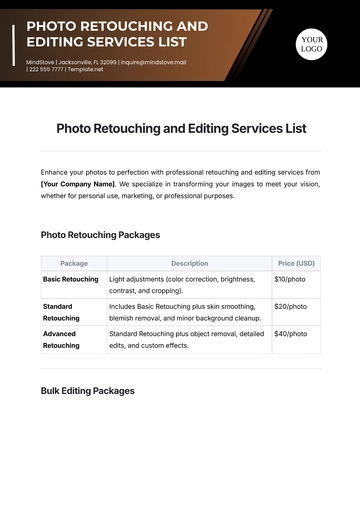 Free Photo Retouching and Editing Services List Template to Edit Online