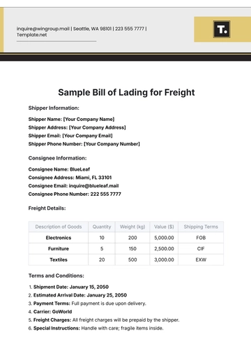 Free Sample Bill of Lading Template for Freight to Edit Online