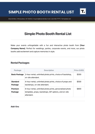 Free Simple Photo Booth Rental List Template to Edit Online