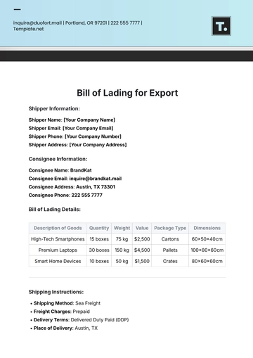 Free Bill of Lading Template for Export to Edit Online