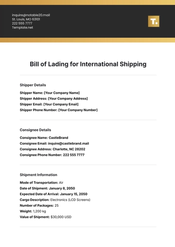 Free Bill of Lading Template for International Shipping to Edit Online