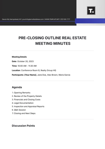 Free Pre-Closing Outline Real Estate Meeting Minute Template to Edit Online