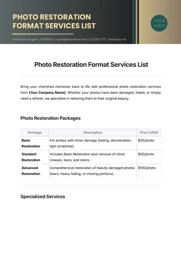 Free Photo Restoration Format Services List Template to Edit Online