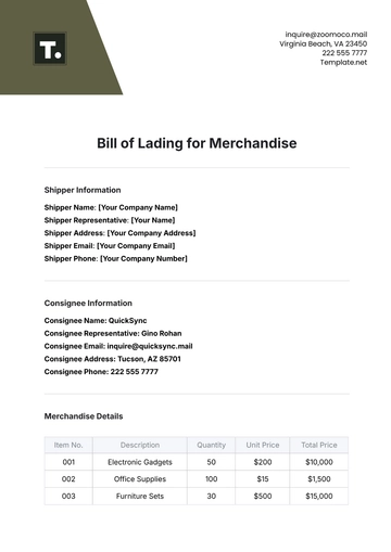 Free Bill of Lading Template for Merchandise to Edit Online