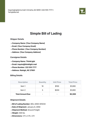 Free Simple Bill of Lading Template to Edit Online