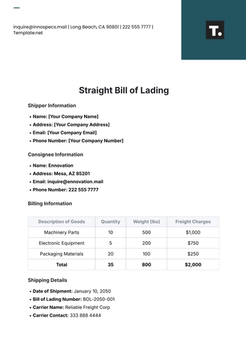 Free Straight Bill of Lading Template to Edit Online