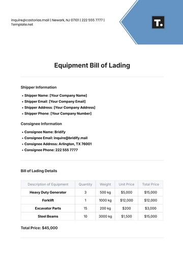 Free Equipment Bill of Lading Template to Edit Online