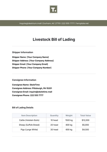 Free Livestock Bill of Lading Template to Edit Online