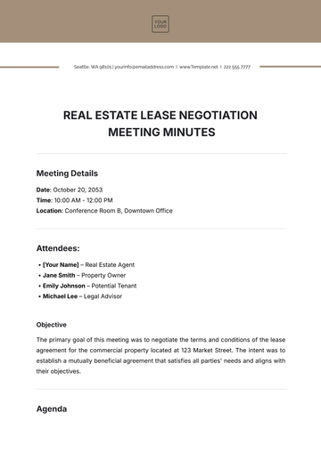 Free Real Estate Lease Negotiation Meeting Minute Template to Edit Online