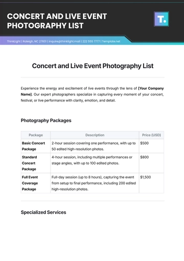 Free Concert and Live Event Photography List Template to Edit Online