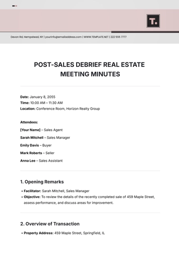 Free Post-Sale Debrief Real Estate Meeting Minute Template to Edit Online