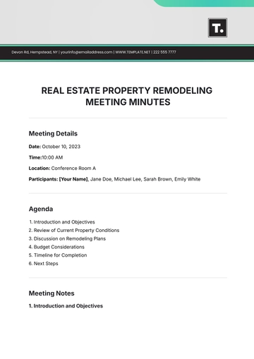 Free Real Estate Property Remodeling Meeting Minute Template to Edit Online