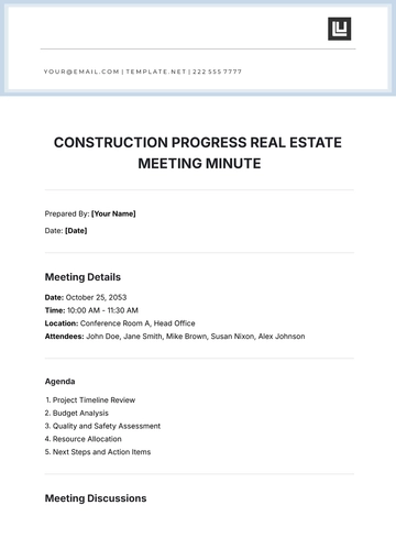 Free Construction Progress Real Estate Meeting Minute Template to Edit Online
