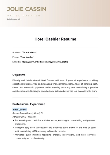 Free Hotel Cashier Resume Template to Edit Online