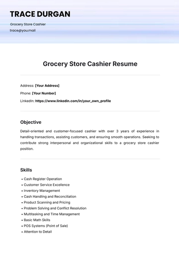 Free Grocery Store Cashier Resume Template to Edit Online
