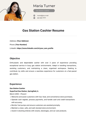 Free Gas Station Cashier Resume Template to Edit Online