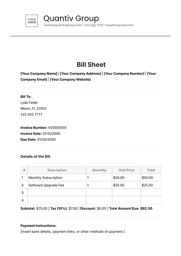 Free Bill Sheet Template to Edit Online